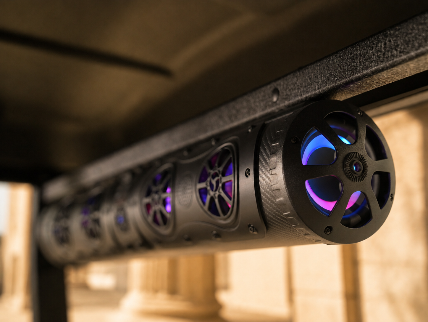Overhead soundbar with RGB ambient lighting