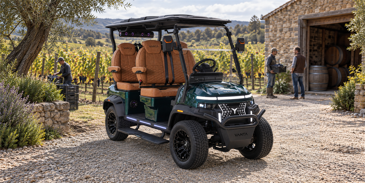 Vanta deep forest green electric cart at a vineyard estate