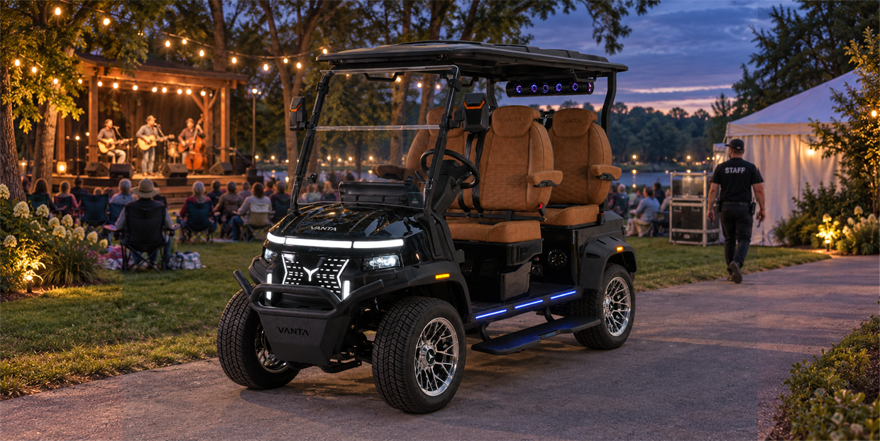 Vanta noir black four-seat electric cart at an outdoor concert