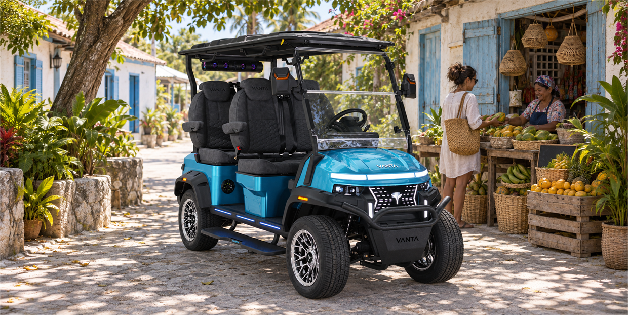 Vanta aqua blue electric cart at an island village market