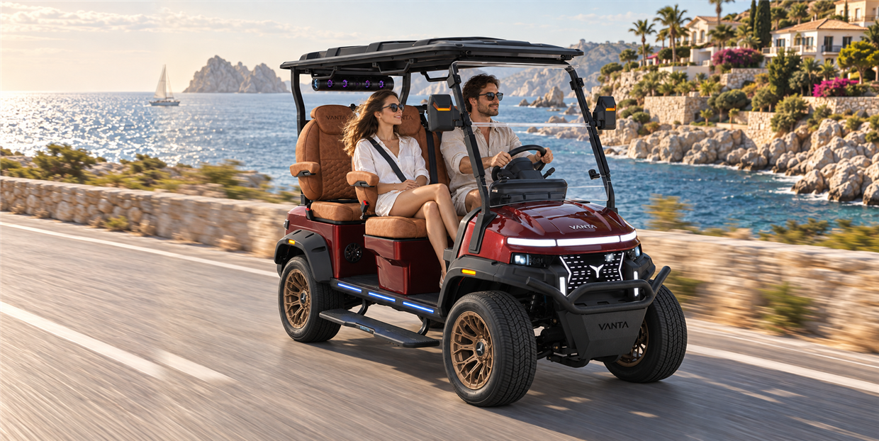 Vanta cherry red four-seat electric cart driving along the coast