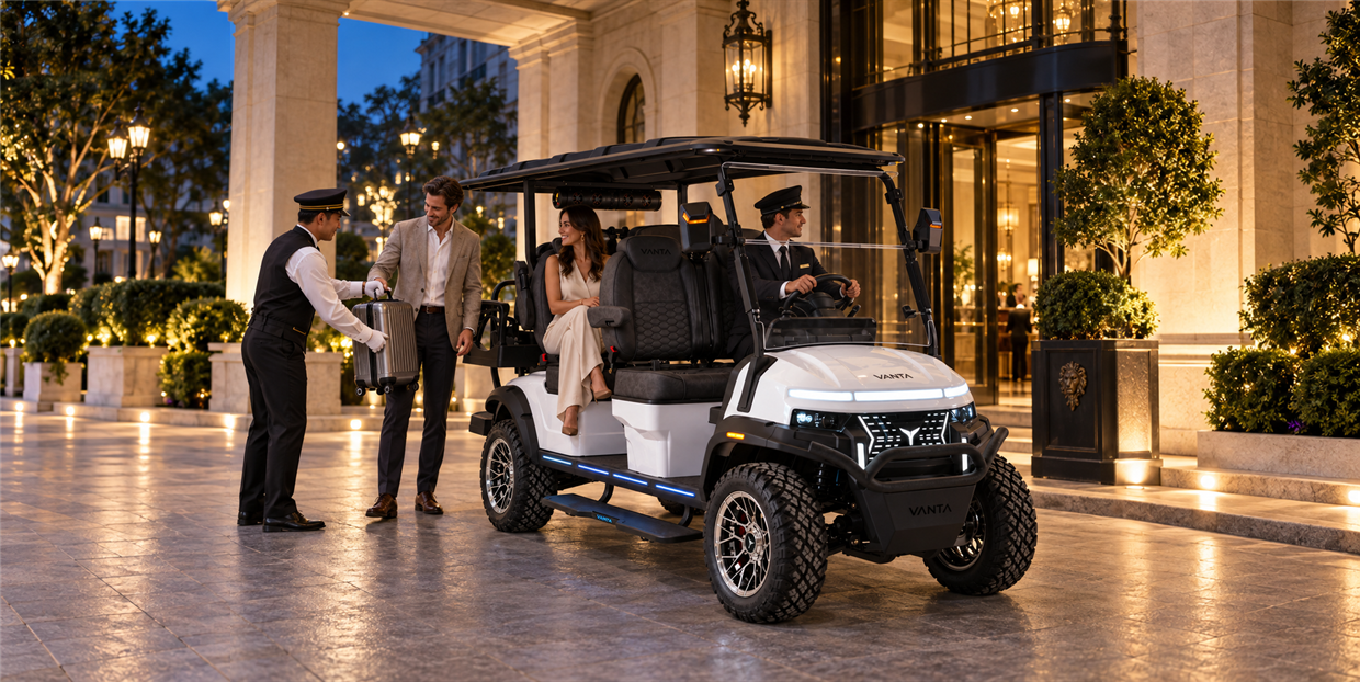 Vanta pearl white six-seat electric cart at a luxury hotel pickup